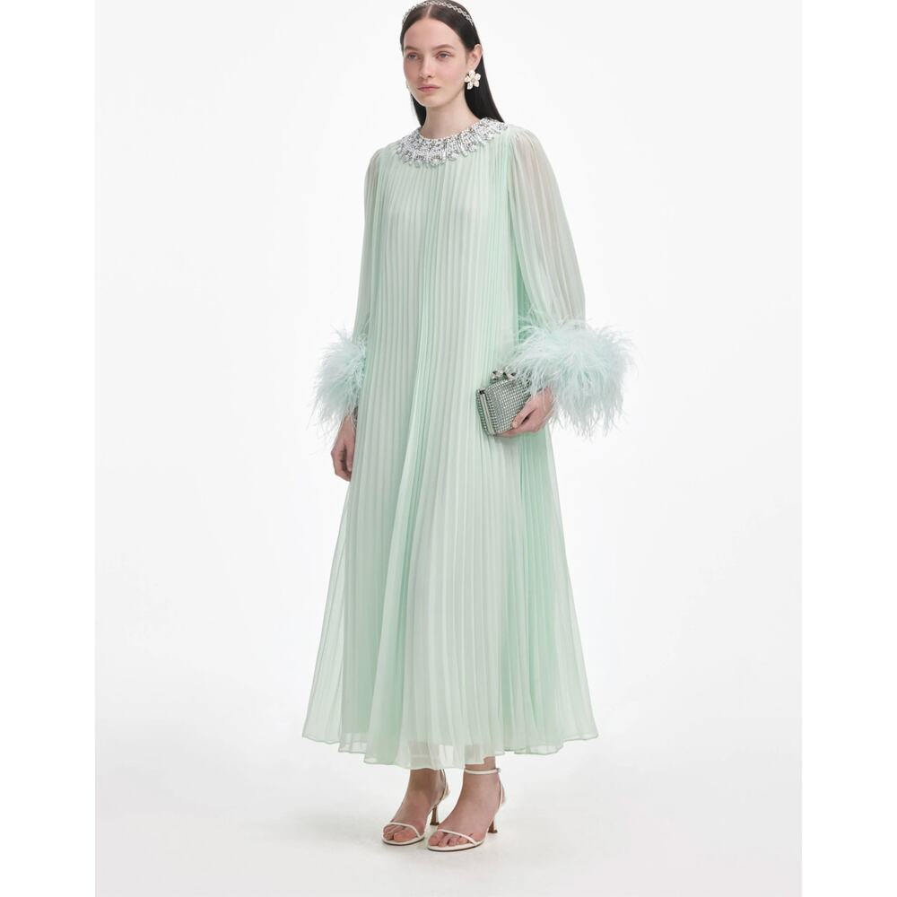 Self-Portrait Green Chiffon Feather Midi Dress - Picture 2 of 6